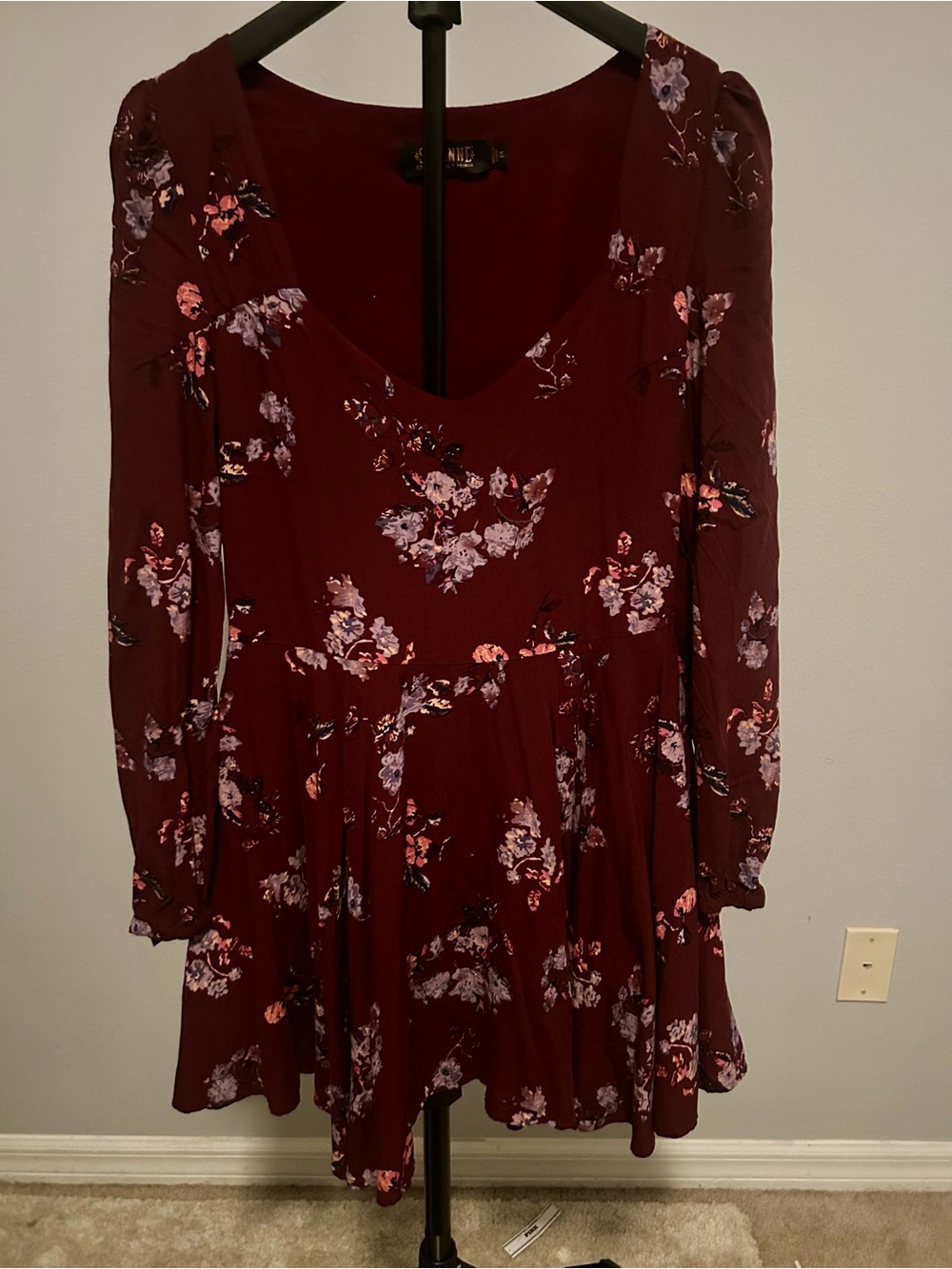 Shyanne Burgundy Floral Long-Sleeve V-Neck Dress